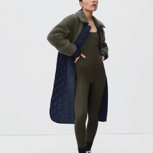 Everlane ReNew Mixed Media Long Coat‎ Women's Small Green Blue Quilted Fleece